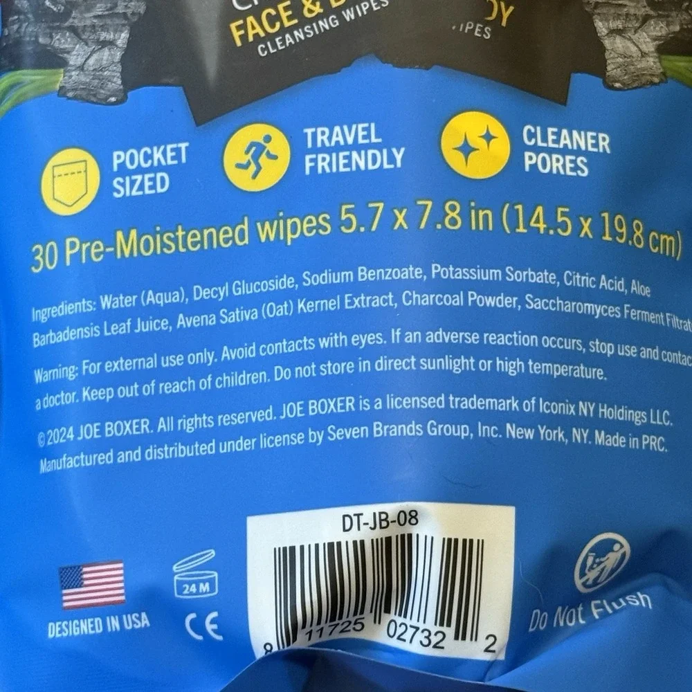 New Joe Boxer Detoxifying Charcoal‎ Face & Body Cleansing Wipes 30 Ct